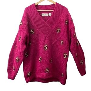 VTG Chelsea Young Women's L Mohair Sweater Colorful Pink Embroidered Chunky
